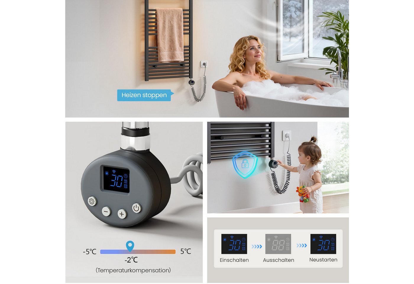 MEYKOERS Elektrischer Badheizkörper mit Smart WLAN Thermostat Heizstab, Höhe: 100 cm, Intelligente App/Sprachsteuerung, Weiß/Anthrazit Bild 5
