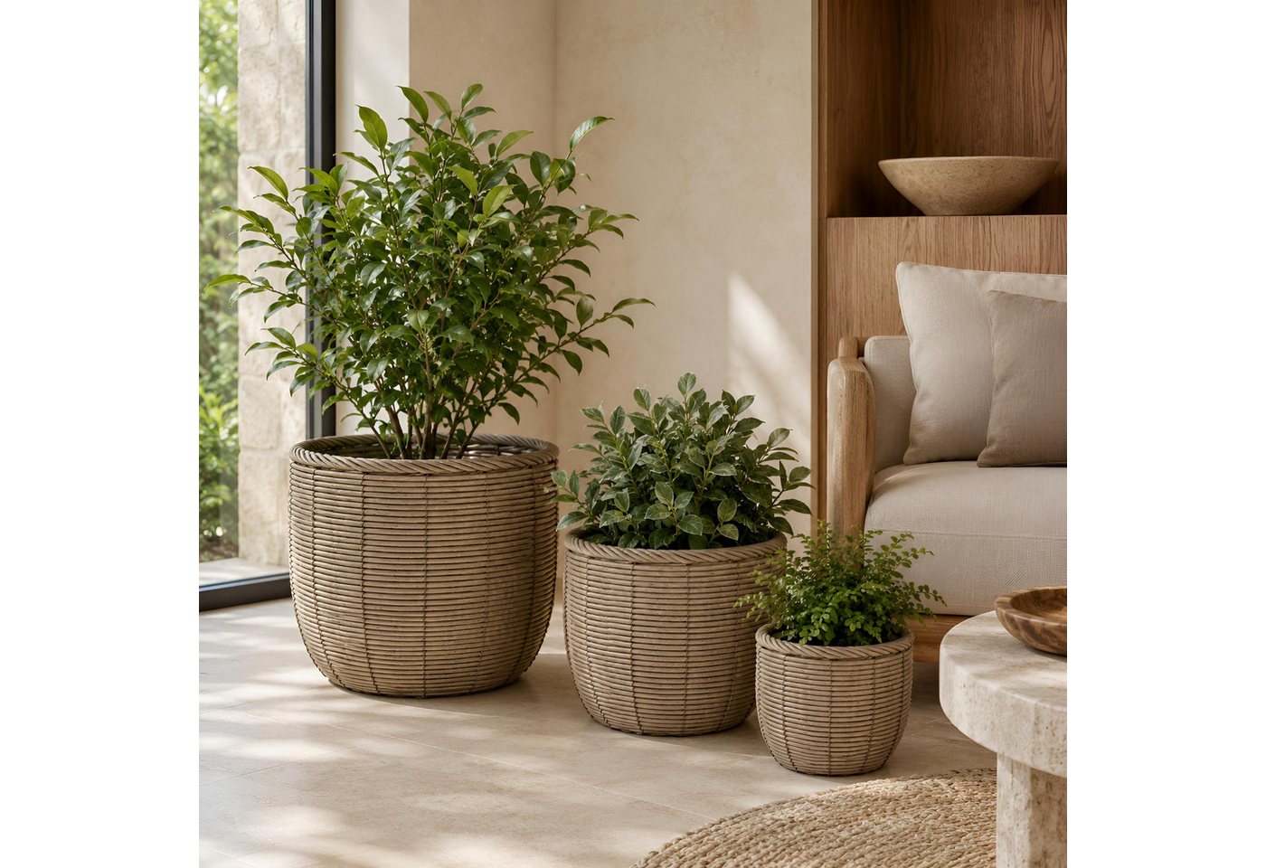 colourliving Blumentopf Gala Pflanzkübel Rattan 3er-Set – Große Indoor Blumentöpfe Naturgrau (3 St), Integrierter Folieneinsatz, dekorative Flechtoptik