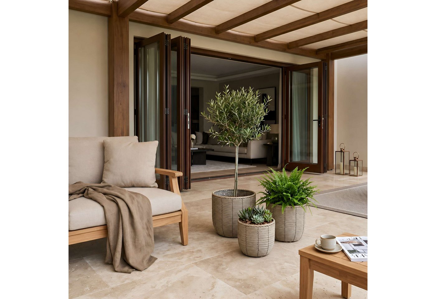 colourliving Blumentopf Gala Pflanzkübel Rattan 3er-Set – Große Indoor Blumentöpfe Naturgrau (3 St), Integrierter Folieneinsatz, dekorative Flechtoptik Bild 2