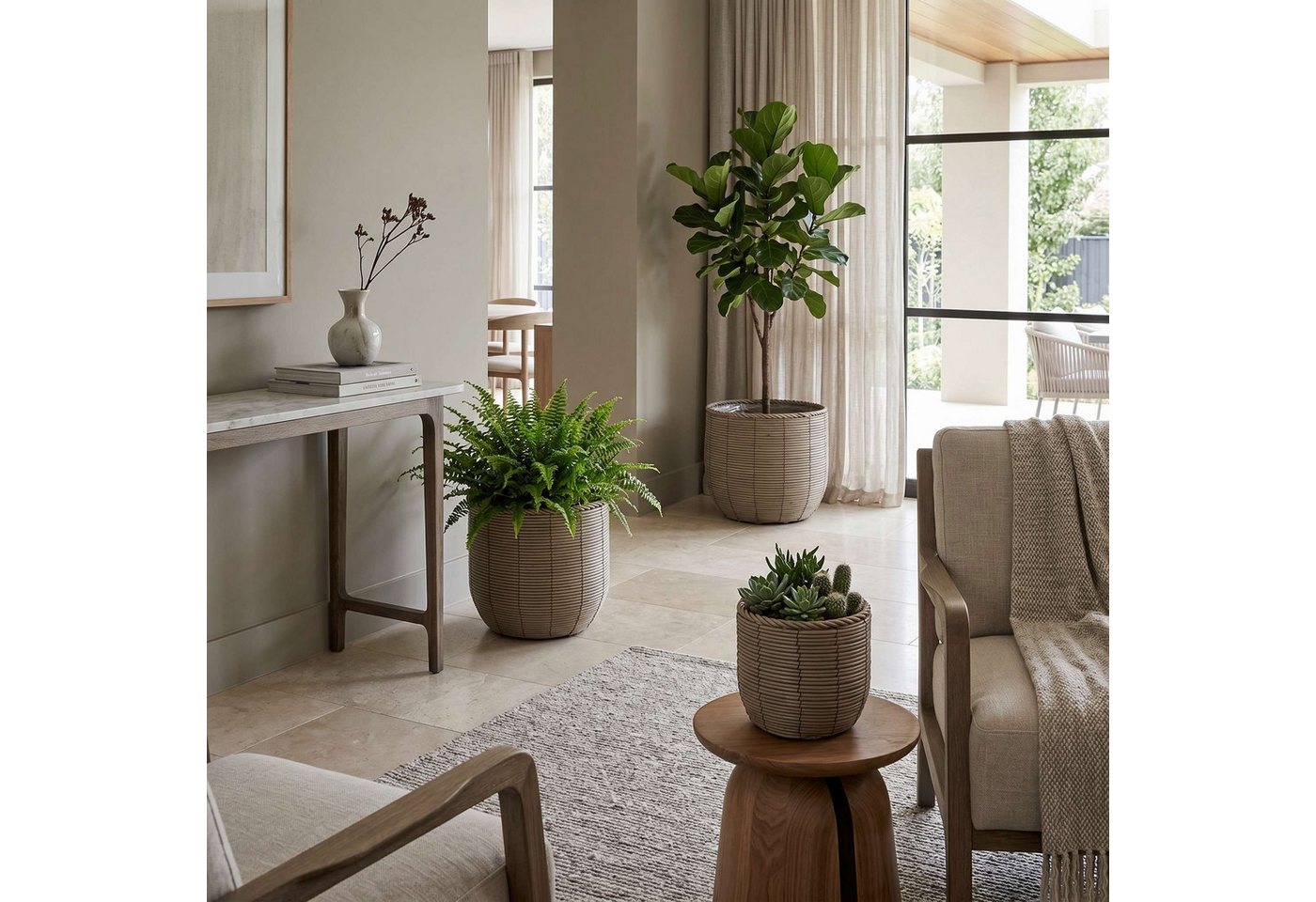 colourliving Blumentopf Gala Pflanzkübel Rattan 3er-Set – Große Indoor Blumentöpfe Naturgrau (3 St), Integrierter Folieneinsatz, dekorative Flechtoptik Bild 4