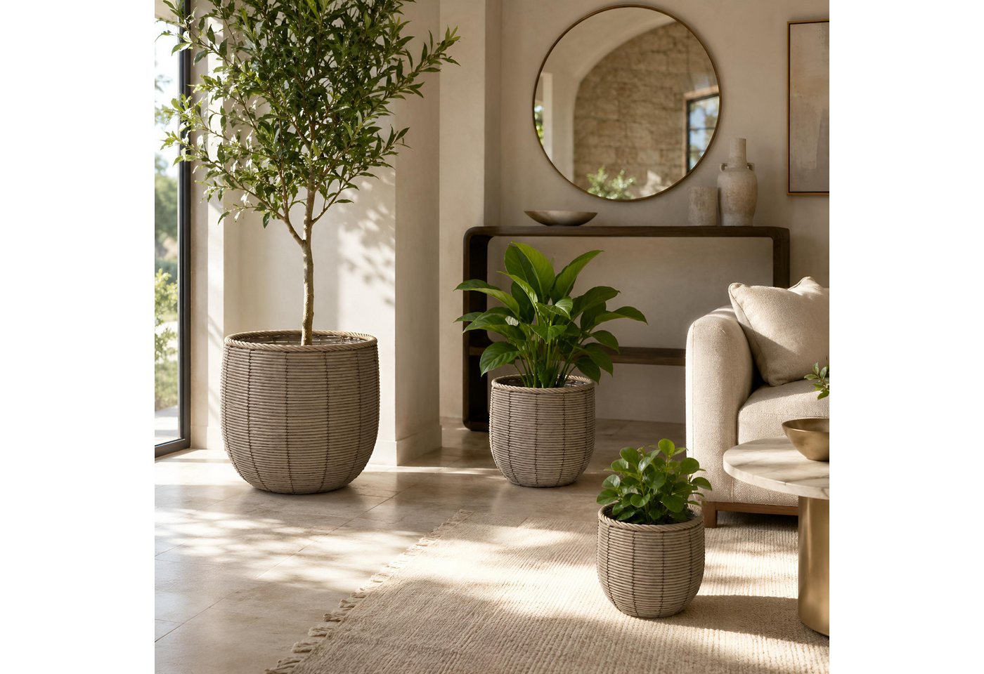 colourliving Blumentopf Gala Pflanzkübel Rattan 3er-Set – Große Indoor Blumentöpfe Naturgrau (3 St), Integrierter Folieneinsatz, dekorative Flechtoptik Bild 5