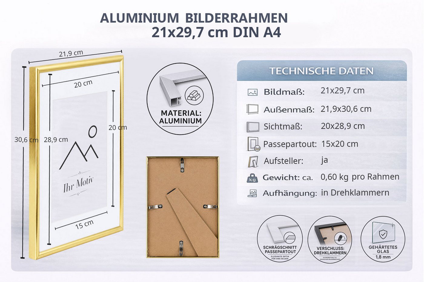 IDEAL TREND Bilderrahmen Aluminium Bilderrahmen mit Passepartout, gehärtetem Klarglas Metallrah, für 1 Bilder (1 St), Aluminium Bilderrahmen mit Passepartout und gehärtetes Glas Bild 2