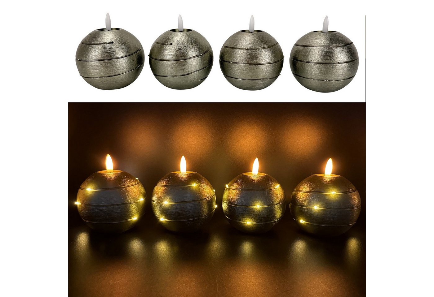 Online-Fuchs LED-Kerze 4 runde Kugelkerzen aus Echtwachs mit Timer & LED-Lichterkette, realistische Kerzenflamme, warmweiße Flamme und Lichterkette, praktische 6-Stunden Timerfunktion enthalten