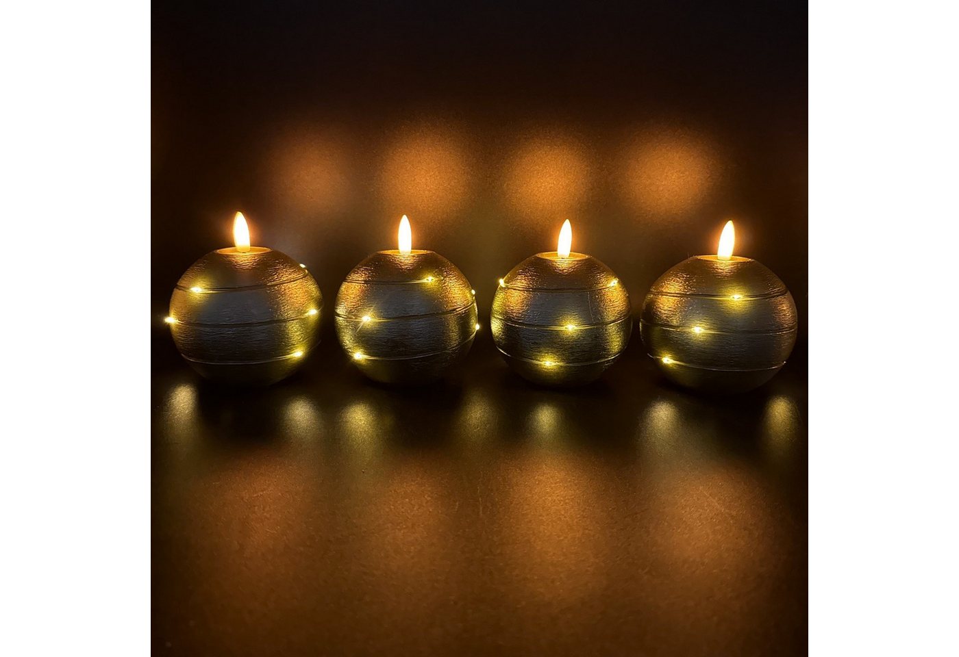 Online-Fuchs LED-Kerze 4 runde Kugelkerzen aus Echtwachs mit Timer & LED-Lichterkette, realistische Kerzenflamme, warmweiße Flamme und Lichterkette, praktische 6-Stunden Timerfunktion enthalten Bild 5