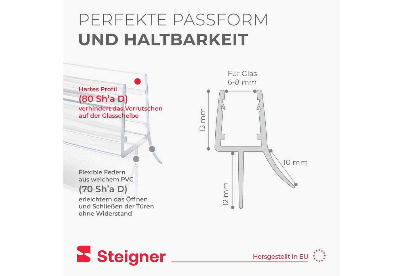 STEIGNER Duschdichtung Duschdichtung Gerade UK03 30 cm (1 Stk) Schwarz 6-8 mm, L: 30 cm, (1 Stück Packung, Einzeldichtung), Dichtung für Eckeinstieg Dusche oder Fünfeckdusche mit Duschtür Bild 2