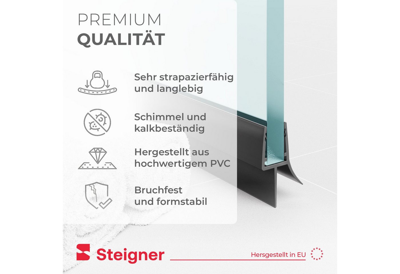 STEIGNER Duschdichtung Duschdichtung Gerade UK03 30 cm (1 Stk) Schwarz 6-8 mm, L: 30 cm, (1 Stück Packung, Einzeldichtung), Dichtung für Eckeinstieg Dusche oder Fünfeckdusche mit Duschtür Bild 3
