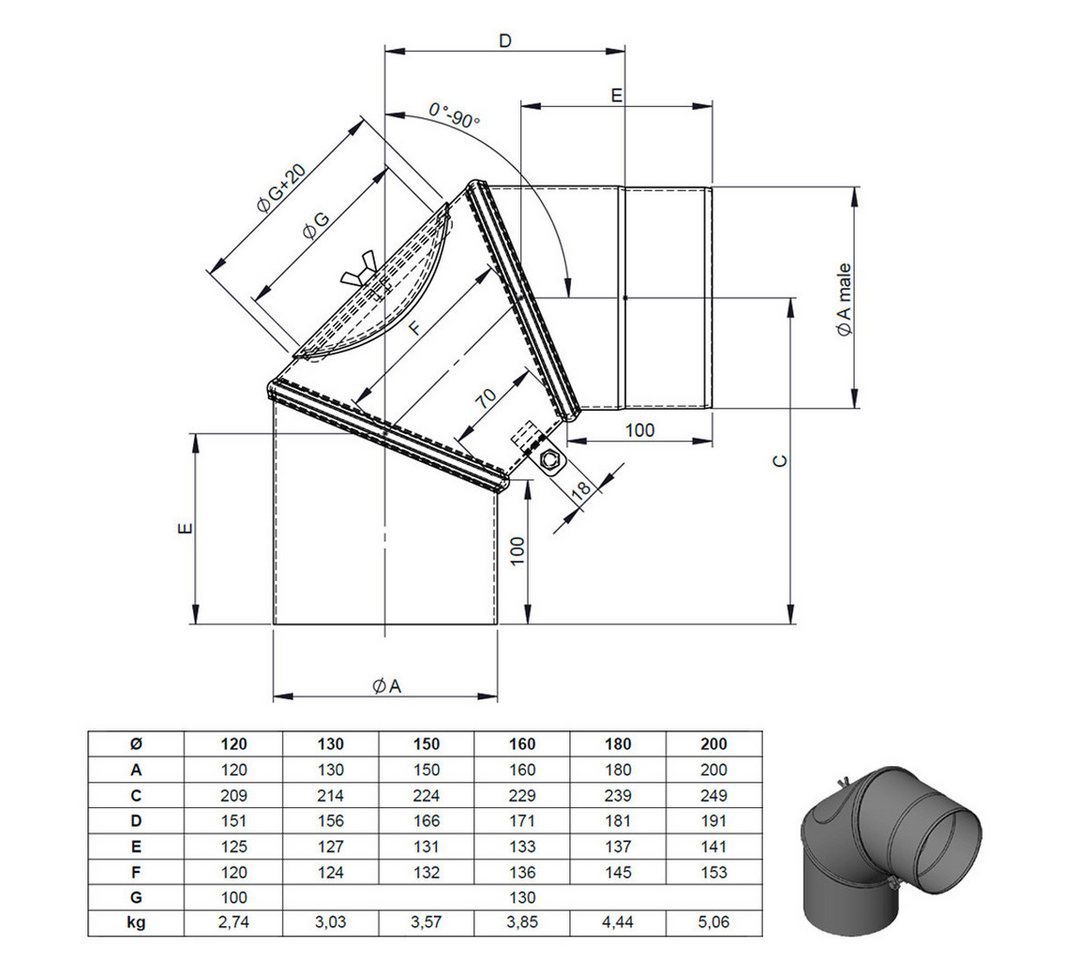 Feuercampus Ofenrohr Bogen drehbar 0° - 90° mit Tür, 130 mm Bild 2