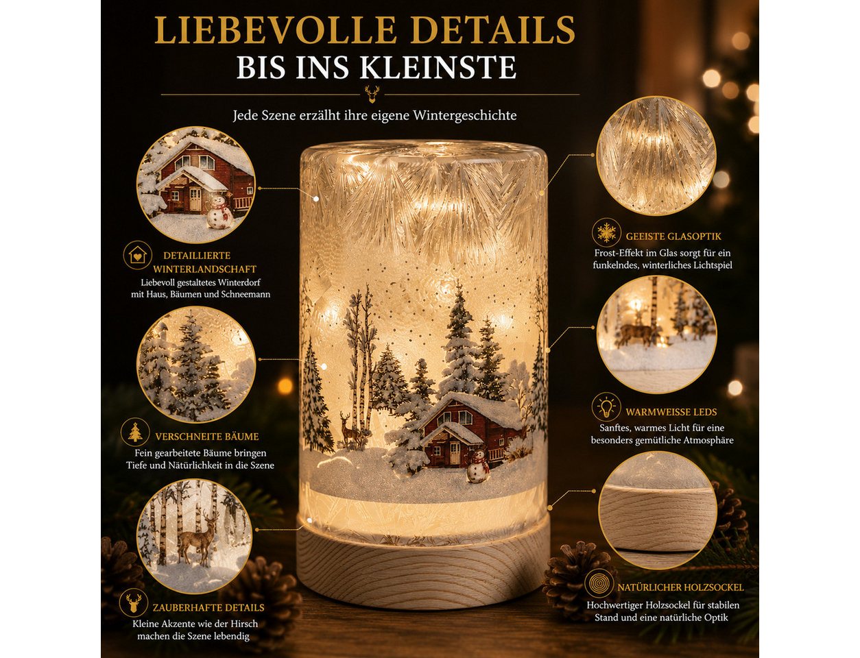 formano LED Dekolicht LED Deko Licht Winterlandschaft Leuchtglas Holzsockel 15cm Timer 6/18h, LED fest integriert