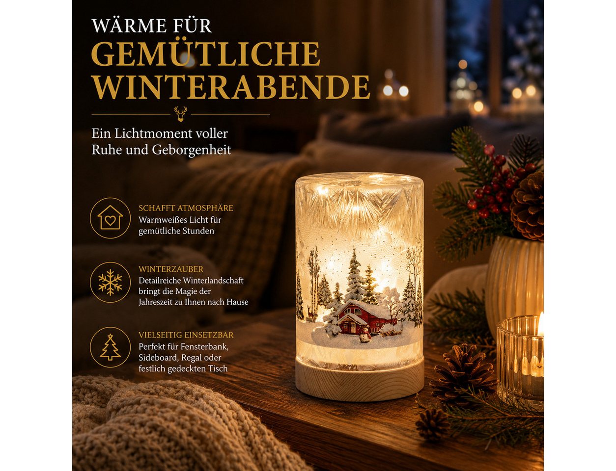 formano LED Dekolicht LED Deko Licht Winterlandschaft Leuchtglas Holzsockel 15cm Timer 6/18h, LED fest integriert Bild 2