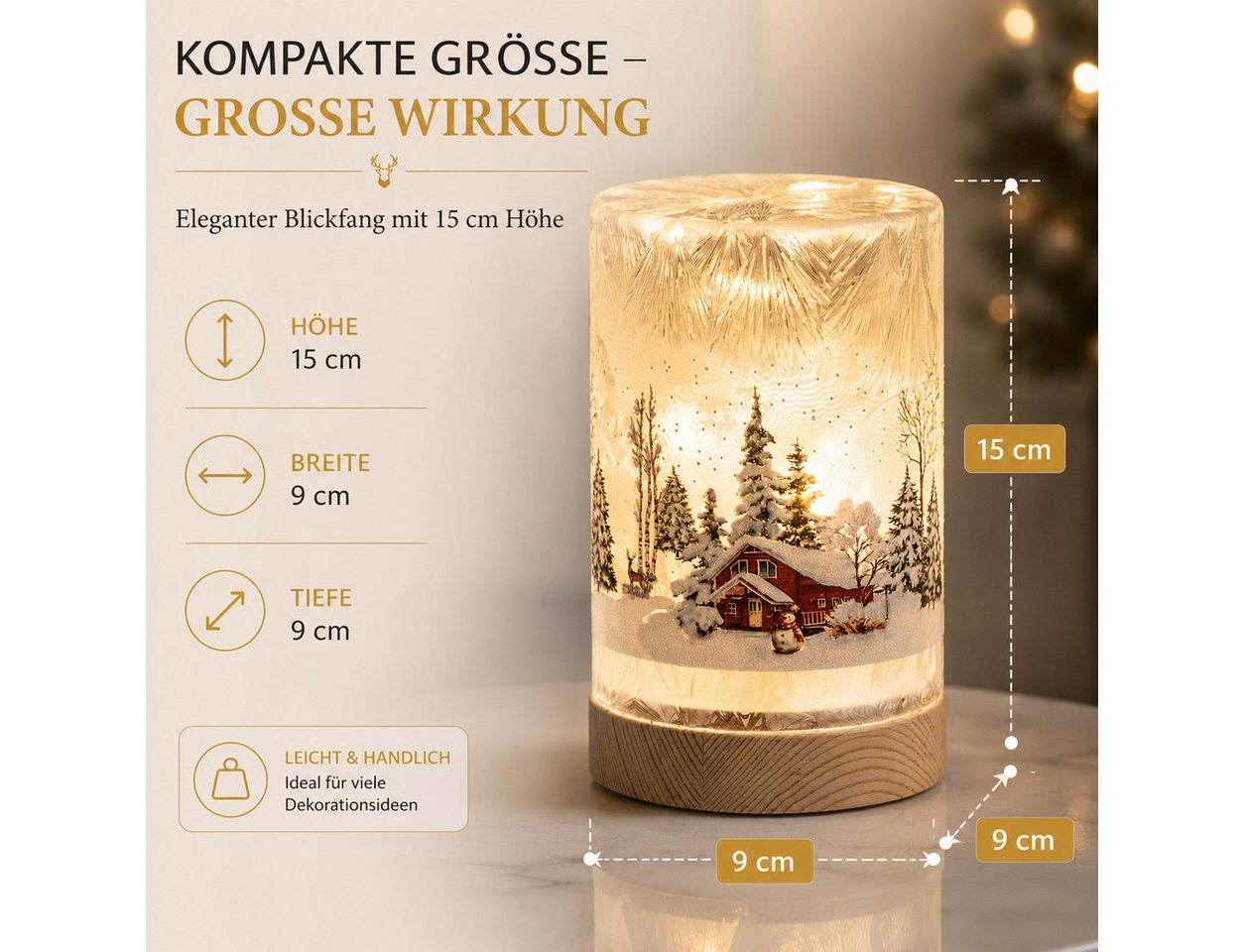 formano LED Dekolicht LED Deko Licht Winterlandschaft Leuchtglas Holzsockel 15cm Timer 6/18h, LED fest integriert Bild 4