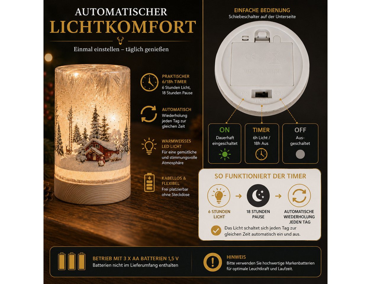 formano LED Dekolicht LED Deko Licht Winterlandschaft Leuchtglas Holzsockel 15cm Timer 6/18h, LED fest integriert Bild 5