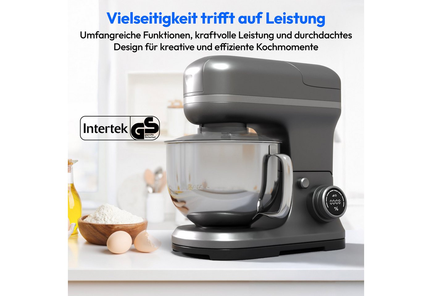 Medion® Küchenmaschine MD 18442 8 Geschwindigkeitsstufen, titan, 1200 W, 5 l Schüssel, Umfangreiches Zubehör-Set inkl. Eisschüssel für Speiseeiszubereitung