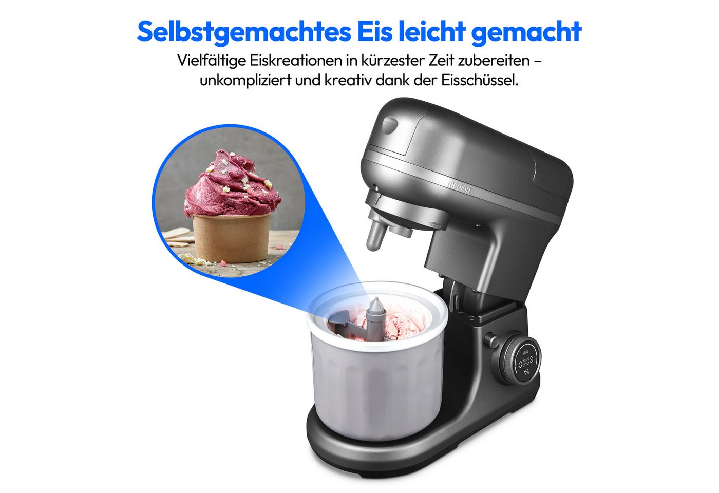 Medion® Küchenmaschine MD 18442 8 Geschwindigkeitsstufen, titan, 1200 W, 5 l Schüssel, Umfangreiches Zubehör-Set inkl. Eisschüssel für Speiseeiszubereitung Bild 2