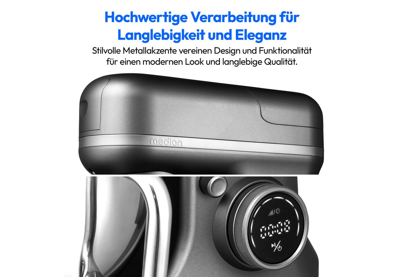 Medion® Küchenmaschine MD 18442 8 Geschwindigkeitsstufen, titan, 1200 W, 5 l Schüssel, Umfangreiches Zubehör-Set inkl. Eisschüssel für Speiseeiszubereitung Bild 4