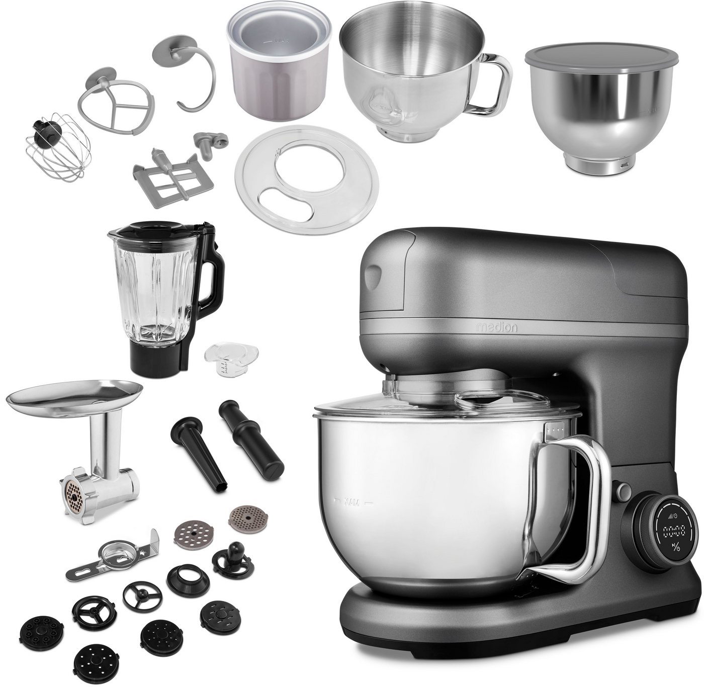 Medion® Küchenmaschine MD 18442 8 Geschwindigkeitsstufen, titan, 1200 W, 5 l Schüssel, Umfangreiches Zubehör-Set inkl. Eisschüssel für Speiseeiszubereitung Bild 5