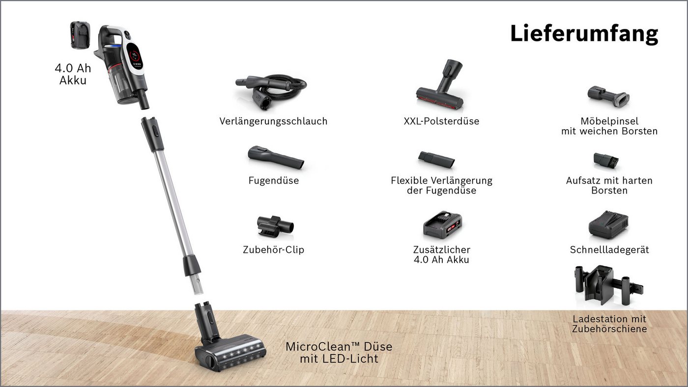 BOSCH Akku-Stielstaubsauger BTS942WQC, beutellos, LED-Licht, HEPA-Filtersystem, Schnellladegerät, 2 Akkus, weiß Bild 3