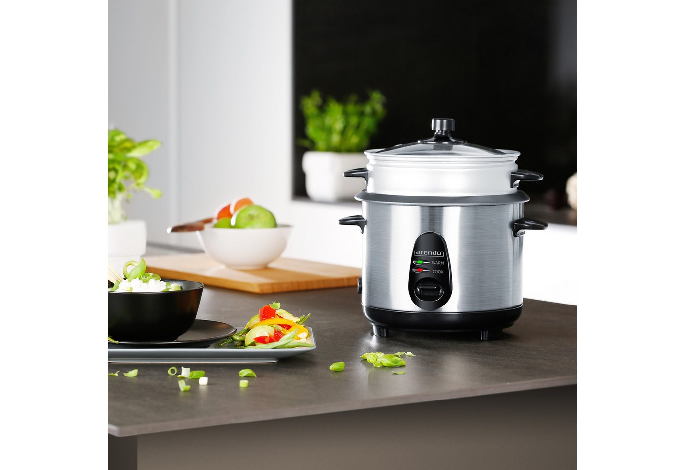 Arendo Reiskocher Reiskocher 1,5 L mit Warmhalte- & Dampfgarfunktion, Alu gebürstet, 500 W, Reiskocher mit automatischer Koch und Wärm Funktion EDO 1,5 Liter