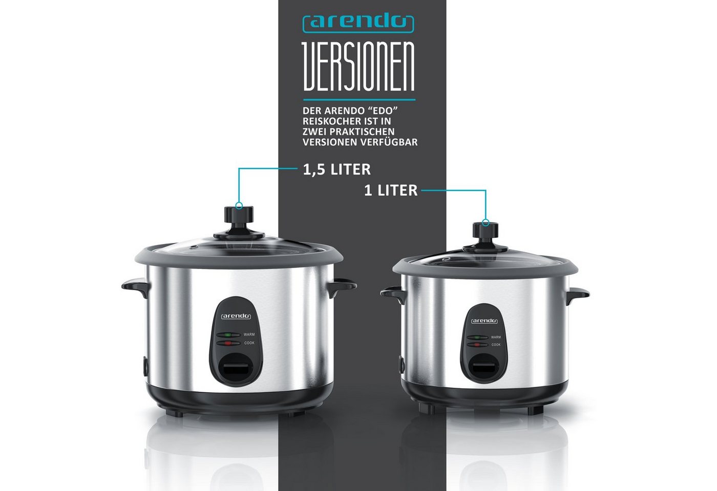 Arendo Reiskocher Reiskocher 1,5 L mit Warmhalte- & Dampfgarfunktion, Alu gebürstet, 500 W, Reiskocher mit automatischer Koch und Wärm Funktion EDO 1,5 Liter Bild 2