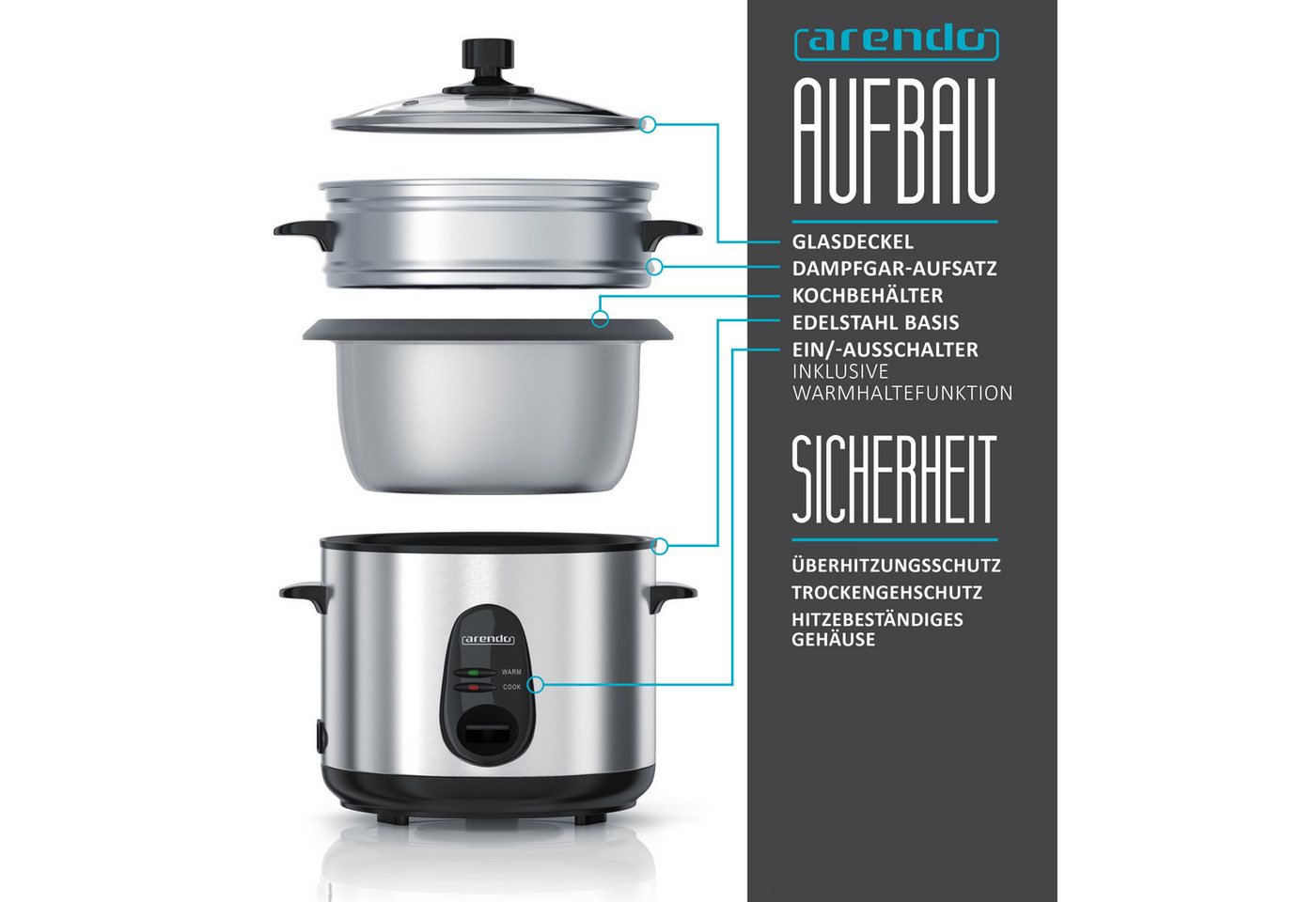 Arendo Reiskocher Reiskocher 1,5 L mit Warmhalte- & Dampfgarfunktion, Alu gebürstet, 500 W, Reiskocher mit automatischer Koch und Wärm Funktion EDO 1,5 Liter Bild 3