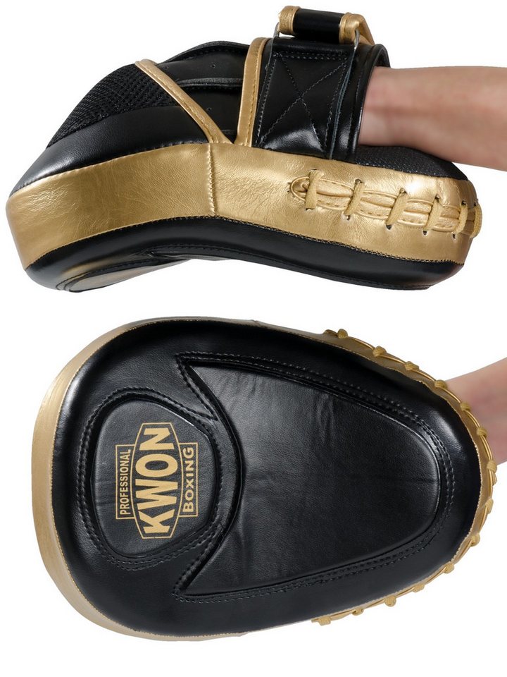 KWON Pratze Profi Coaching Mitt Ultimate Handpratzen Schlagkissen Schlagpolster, schwarz/gold, für hartes Training, mit Klettverschluss Bild 2