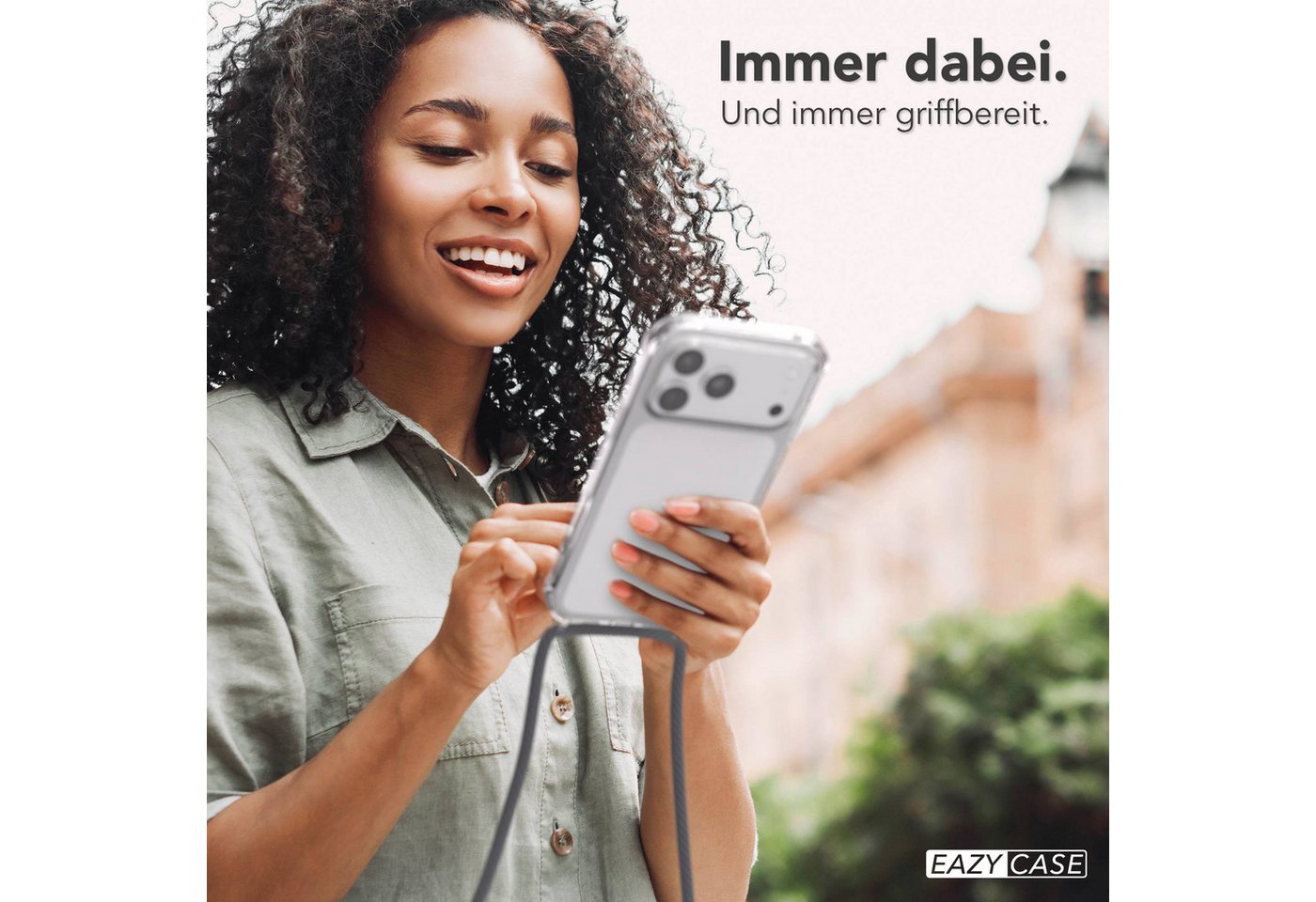 EAZY CASE Handykette Hülle mit Kette für Apple iPhone 17 Pro Max 6,9 Zoll, Handykette zum Umhängen Hülle mit Kordel Rundes Band Grau Schwarz