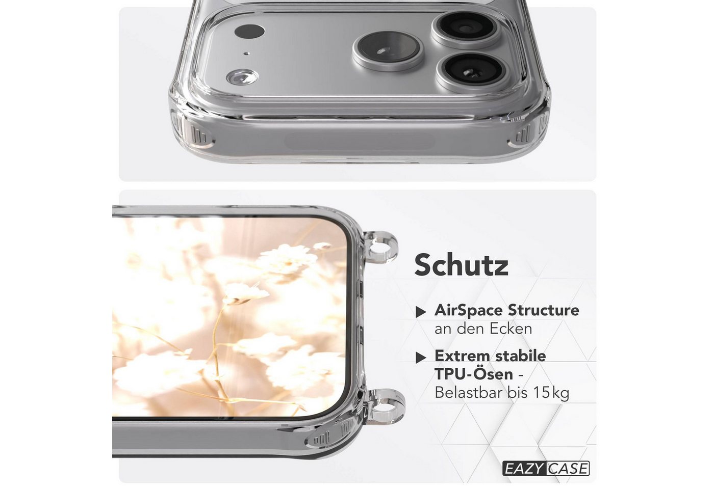 EAZY CASE Handykette Hülle mit Kette für Apple iPhone 17 Pro Max 6,9 Zoll, Handykette zum Umhängen Hülle mit Kordel Rundes Band Grau Schwarz Bild 3