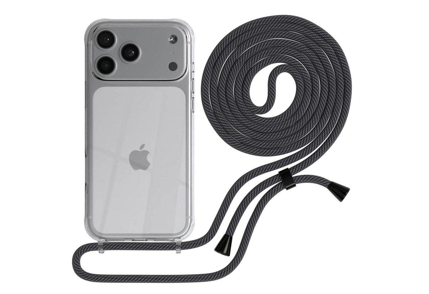 EAZY CASE Handykette Hülle mit Kette für Apple iPhone 17 Pro Max 6,9 Zoll, Handykette zum Umhängen Hülle mit Kordel Rundes Band Grau Schwarz Bild 4