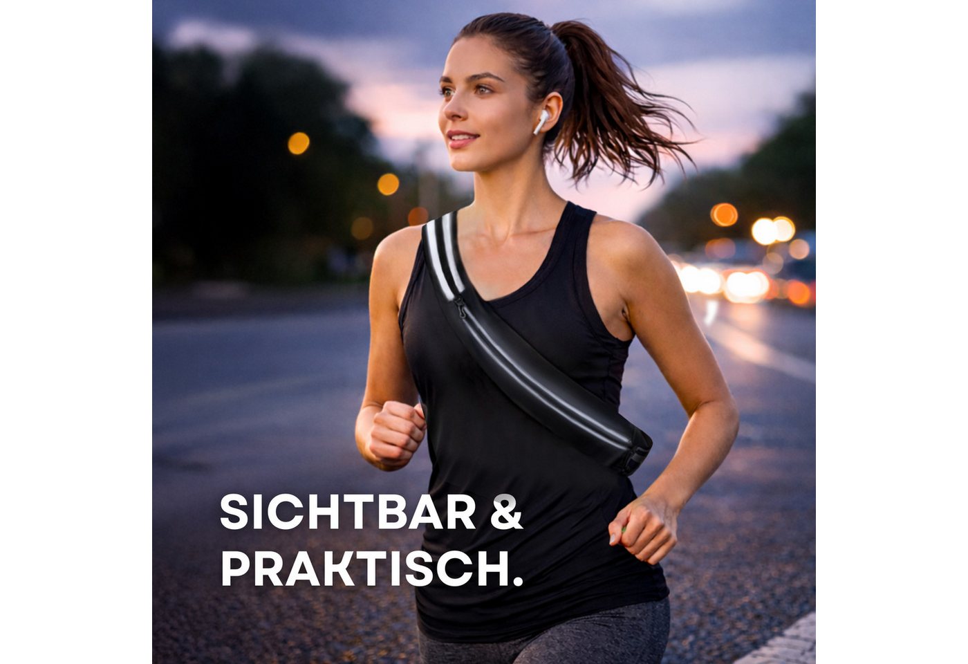 FIRST AID ONLY® Reflektorband Reflektorgurt Schwarz, Reflekorband EN ISO 20471, Tasche für Mobiltelefon oder Geldbörse