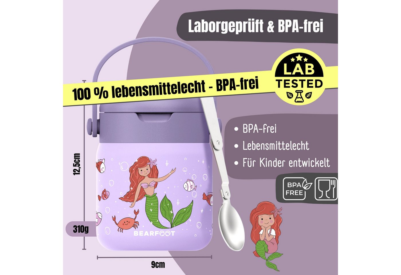 BEARFOOT Trinkflasche Thermobehälter Kinder Edelstahl - Meerjungfrau lila, Thermobehälter, auslaufsicher, Edelstahl, Food jar, BPA-frei Bild 3