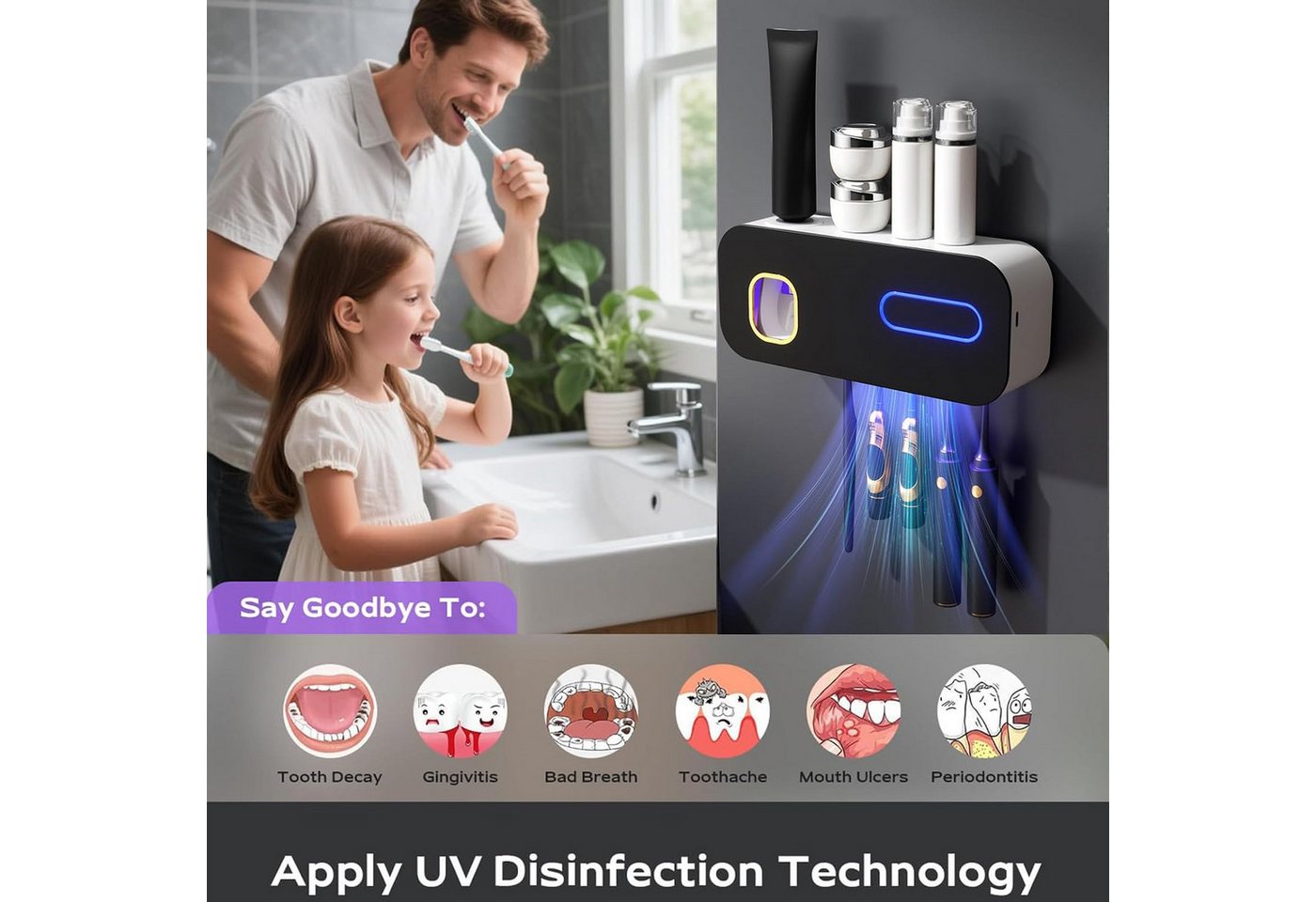 wohnTRAUM24 UV-Zahnbürstenhalter UV-Zahnbürste Sanitizer, Wiederaufladbar Zahnbürste Sanitizer Halter, Kabellose Wand Montiert Zahnbürste Sterilisator für Bäder mit 5 Slots Bild 3