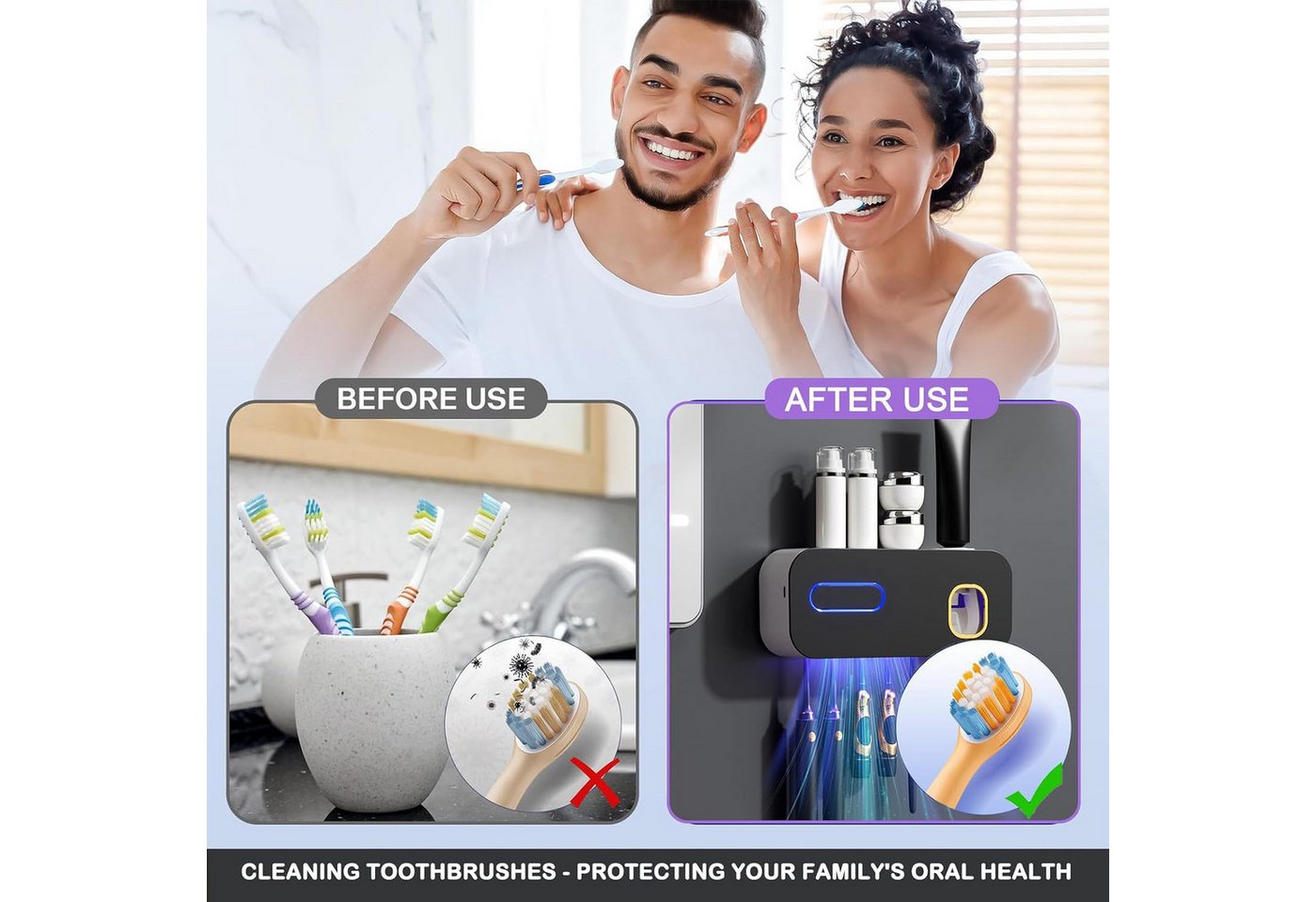 wohnTRAUM24 UV-Zahnbürstenhalter UV-Zahnbürste Sanitizer, Wiederaufladbar Zahnbürste Sanitizer Halter, Kabellose Wand Montiert Zahnbürste Sterilisator für Bäder mit 5 Slots Bild 4