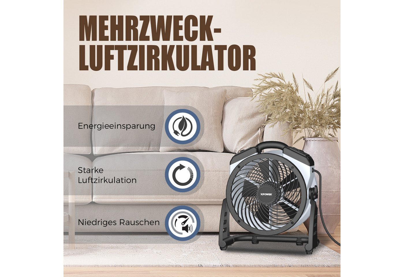 XPOWER Tischventilator Luftumwälz Utility Lüfter Elektro Ventilator Laufradventilator, 60W, 900CFM, 3-Stunden-Timer & 4 verstellbare Geschwindigkeiten Bild 2