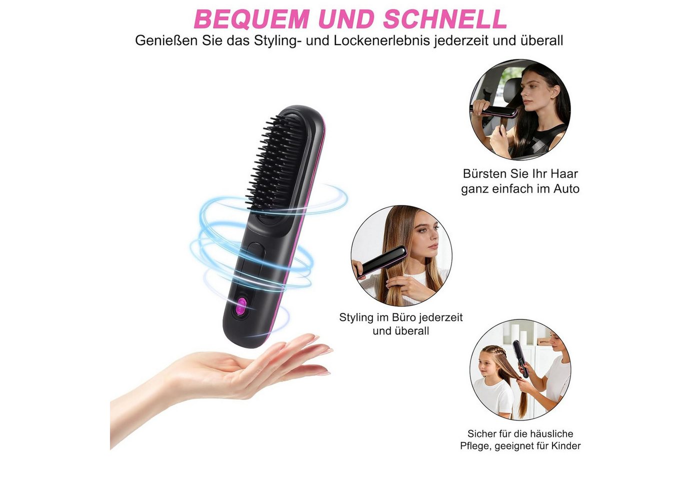 FANNOU Haarglättbürste Stylingbürste für kurze Haare kabellos Haarglätter Bürste, tragbare Haarbürste elektrisch für unterwegs, wiederaufladbar Bild 2