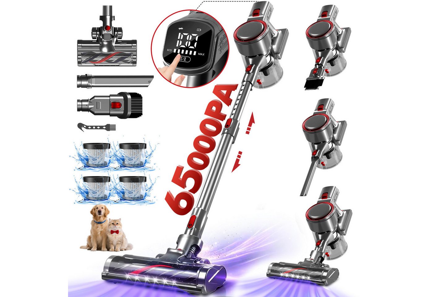 Hiazurm Akku-Hand-und Stielstaubsauger Akku Staubsauger, Staubsauger Kabellos 65000Pa/60Min/1.8L, Vielseitiger Akkusauger für Teppich, Hartboden, Tierhaare, HEPA*4, Akku-Sauger mit grünem Licht, Staubsensor und 90°-Standfunktion Bild 5