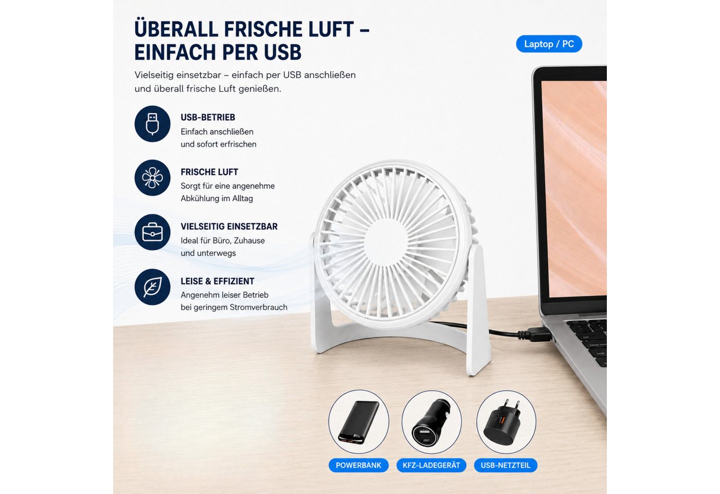 StellarLuma Tischventilator Ventilator USB-Tischventilator Schreibtisch USB Mobil Mini Leise Weiß, Mini USB Tischventilator. leise & mobil. Perfekt für Büro & HomeOffice