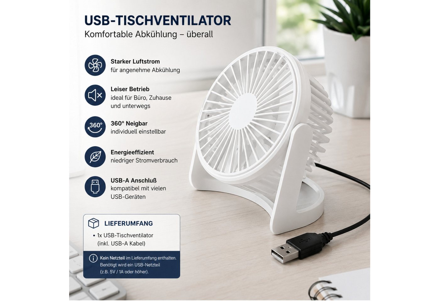 StellarLuma Tischventilator Ventilator USB-Tischventilator Schreibtisch USB Mobil Mini Leise Weiß, Mini USB Tischventilator. leise & mobil. Perfekt für Büro & HomeOffice Bild 4