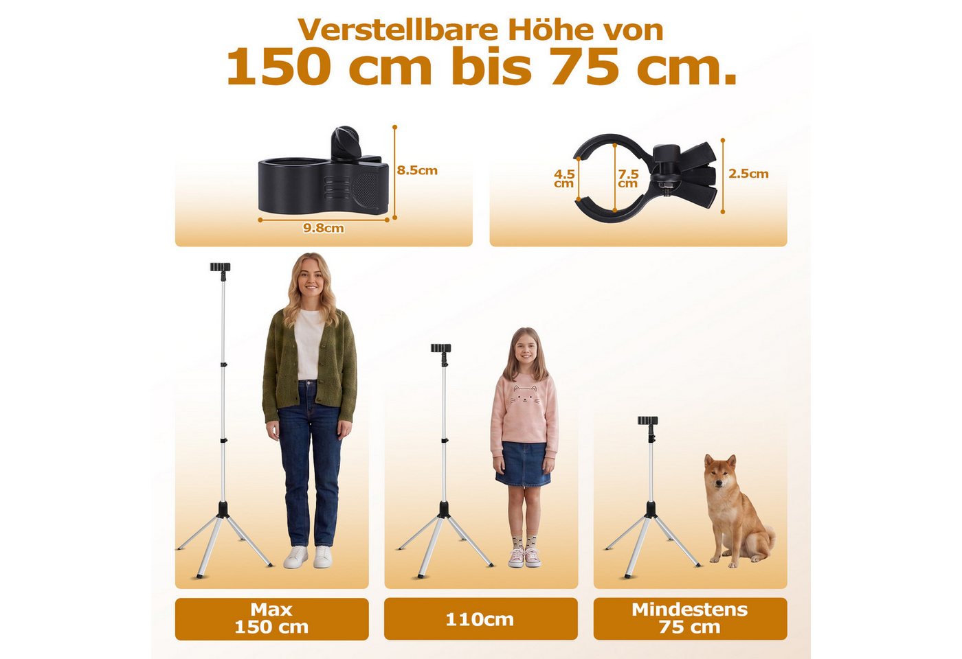 PRIISF Haartrockner Zubehör Haartrockner Ständerhalter Föhn Halterung Bodengebläse Halter, 75-150cm Höhenverstellbar Haartrocknerhalter Haartrockner-Klemmständer, freihändiges Haartrocknern Stand für Badezimmer Pflege Hunden Katzen