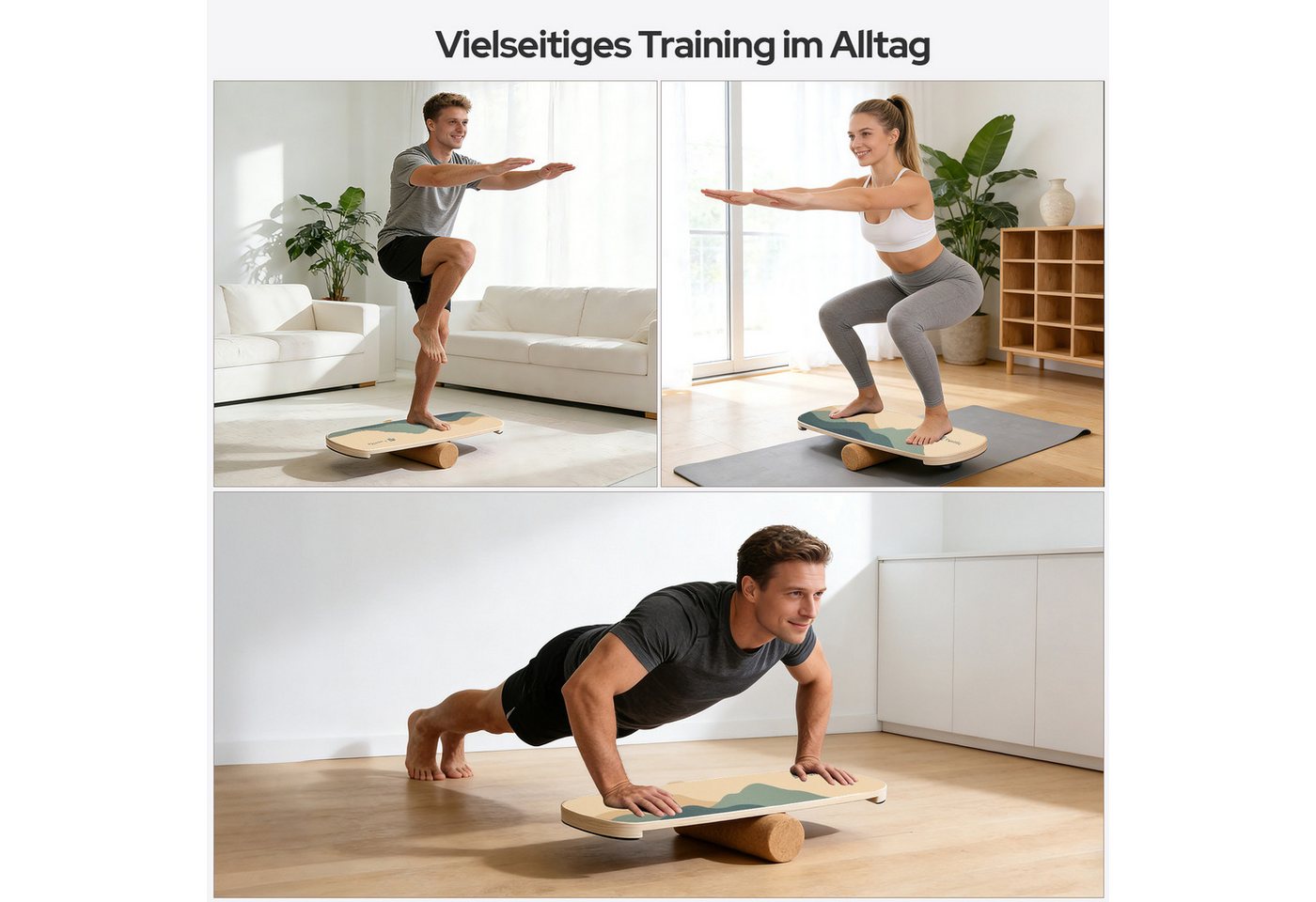 FunLife Balanceboard Design-Edition – einzeln oder mit 3 Widerstandsbändern, Wackelbrett aus Birkenholz mit Korkrolle, bis 150 kg belastbar Bild 2