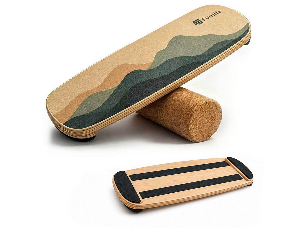 FunLife Balanceboard Design-Edition – einzeln oder mit 3 Widerstandsbändern, Wackelbrett aus Birkenholz mit Korkrolle, bis 150 kg belastbar Bild 3