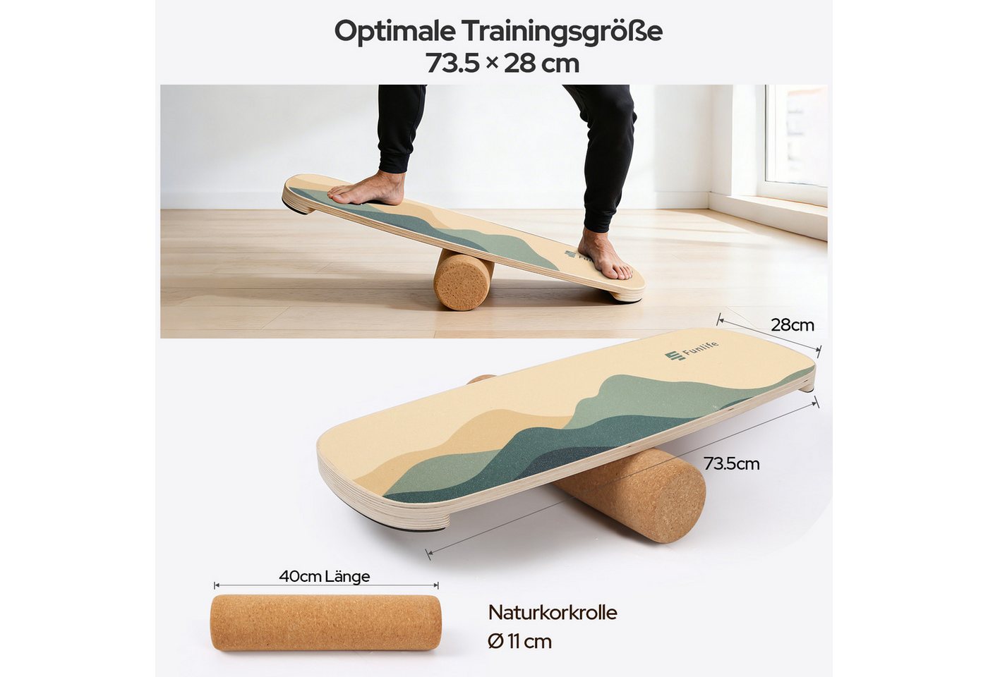 FunLife Balanceboard Design-Edition – einzeln oder mit 3 Widerstandsbändern, Wackelbrett aus Birkenholz mit Korkrolle, bis 150 kg belastbar Bild 5