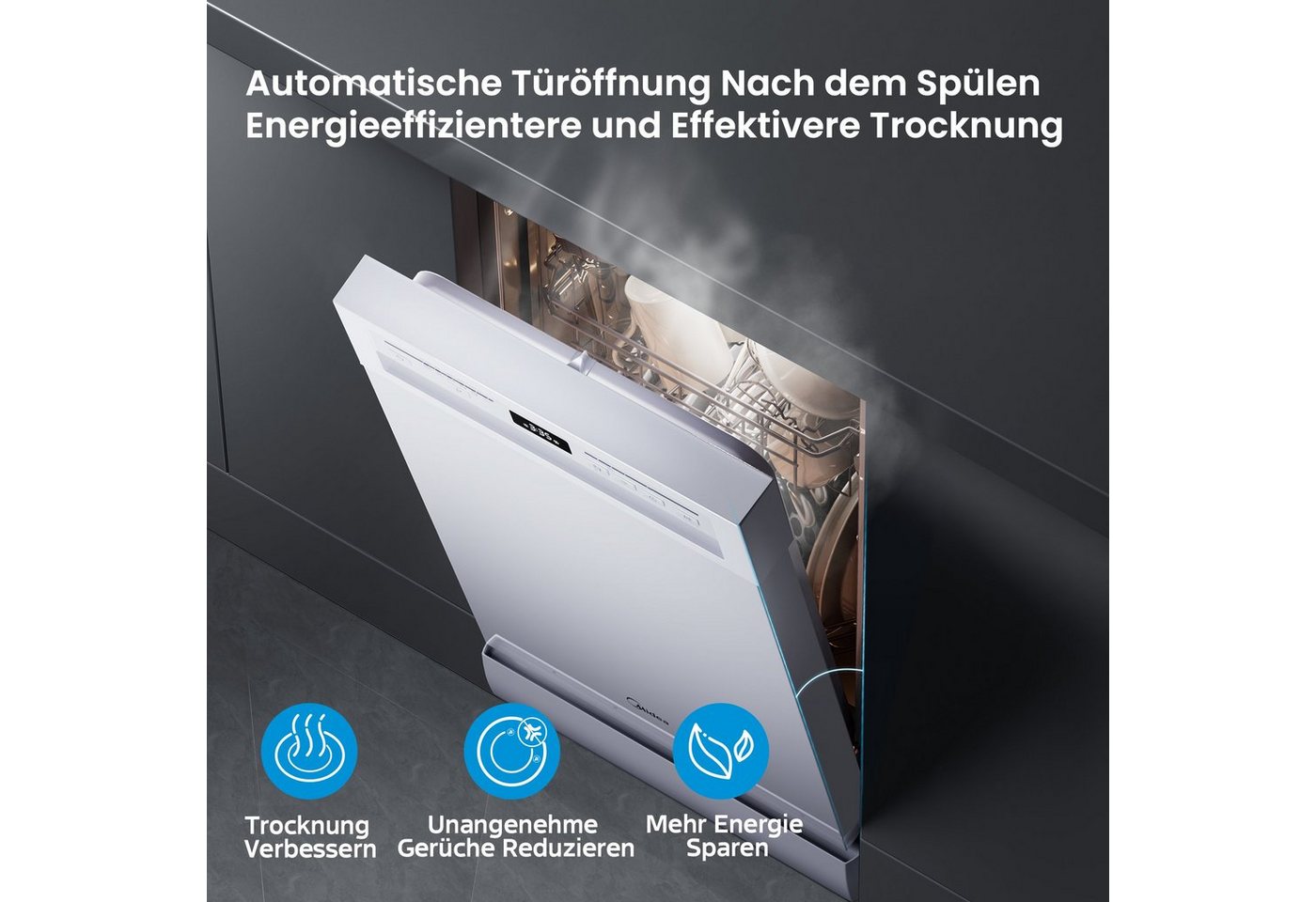 Midea Standgeschirrspüler Serie 5 SF 5.45NW10C, 10 Maßgedecke, 44dB, IOT, Golden Hygiene Certificate, 1-24H Delay Start, Half Loading