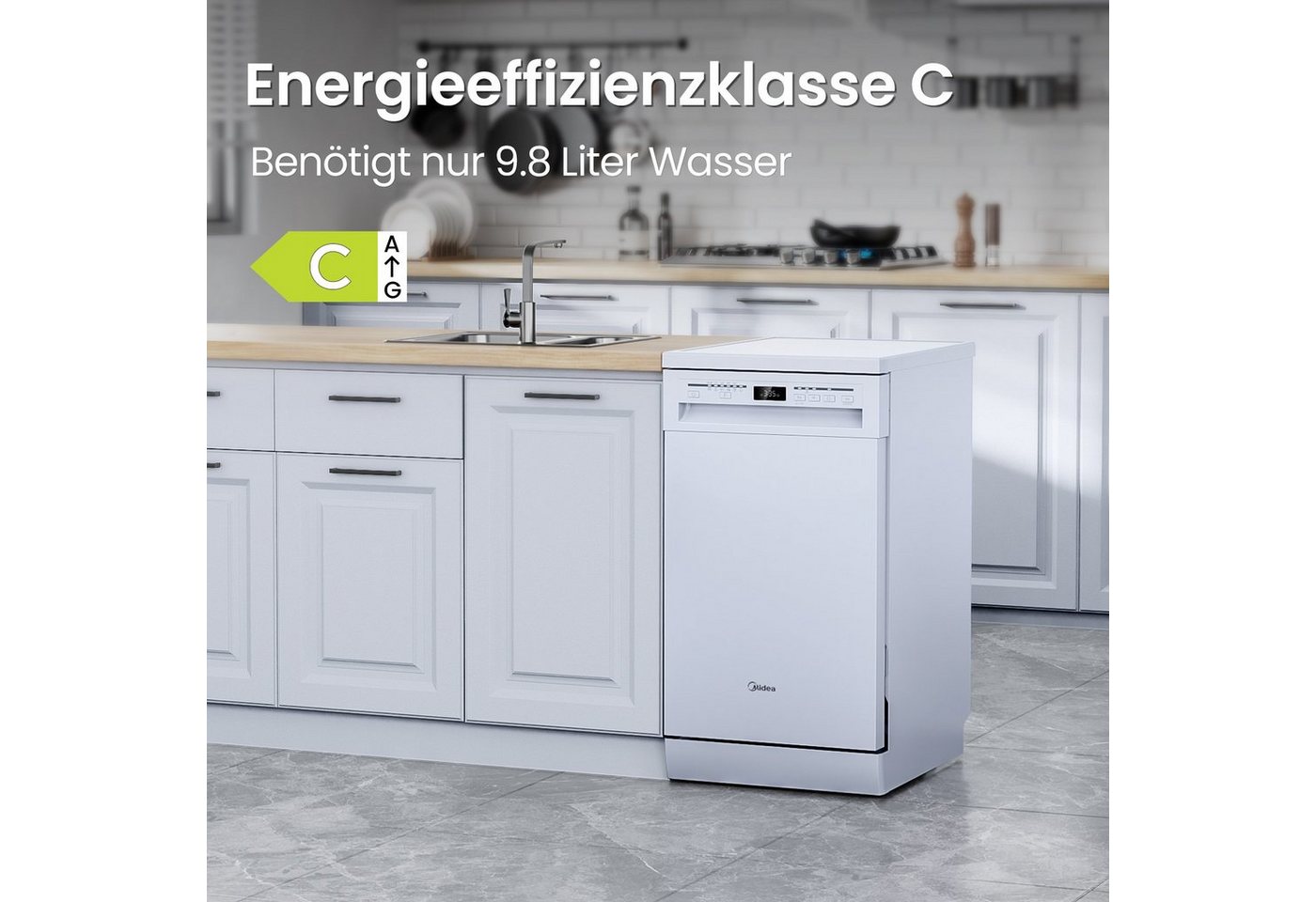 Midea Standgeschirrspüler Serie 5 SF 5.45NW10C, 10 Maßgedecke, 44dB, IOT, Golden Hygiene Certificate, 1-24H Delay Start, Half Loading Bild 2