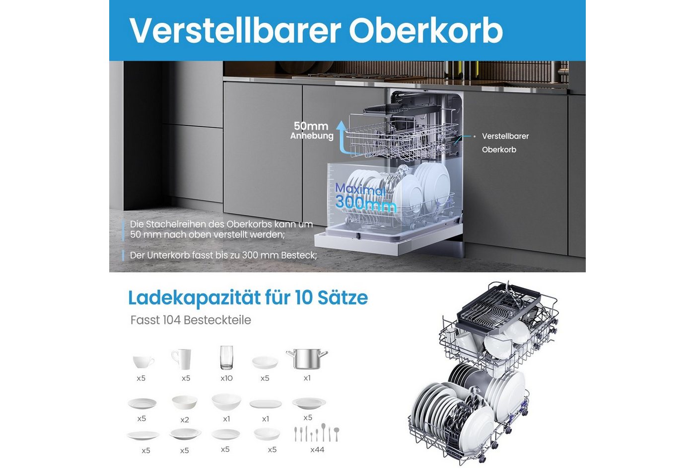 Midea Standgeschirrspüler Serie 5 SF 5.45NW10C, 10 Maßgedecke, 44dB, IOT, Golden Hygiene Certificate, 1-24H Delay Start, Half Loading Bild 3