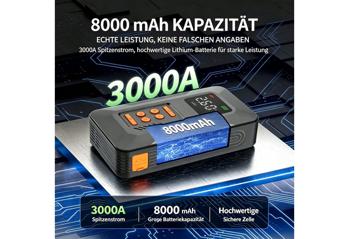 Vornix Starthilfe Powerbank Auto 8000mAh(12V),4-in-1 Starthilfegerät Autobatterie-Ladegerät (Starthilfe Powerbank mit Luftkompressor) Bild 5