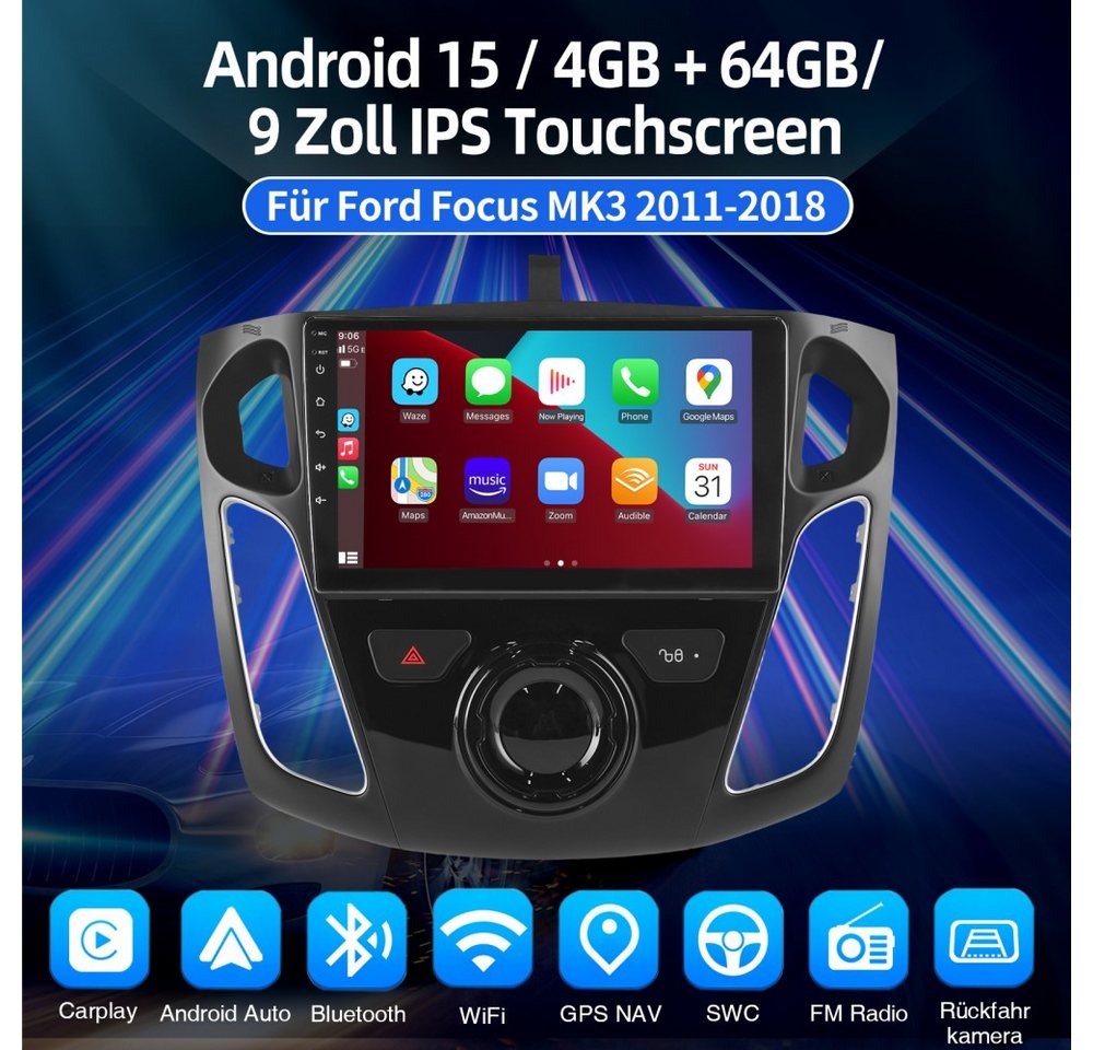 ESSGOO DAB+ 64G Carplay Für Ford Focus MK3 Autoradio 2DIN Android 15 GPS NAVI Autoradio (RDS, 4+64GB(optional), Digitalradio (DAB), FM, AM, Carplay Android Auto Bluetooth EQ USB GPS Navi WIFI Touchscreen) Bild 2