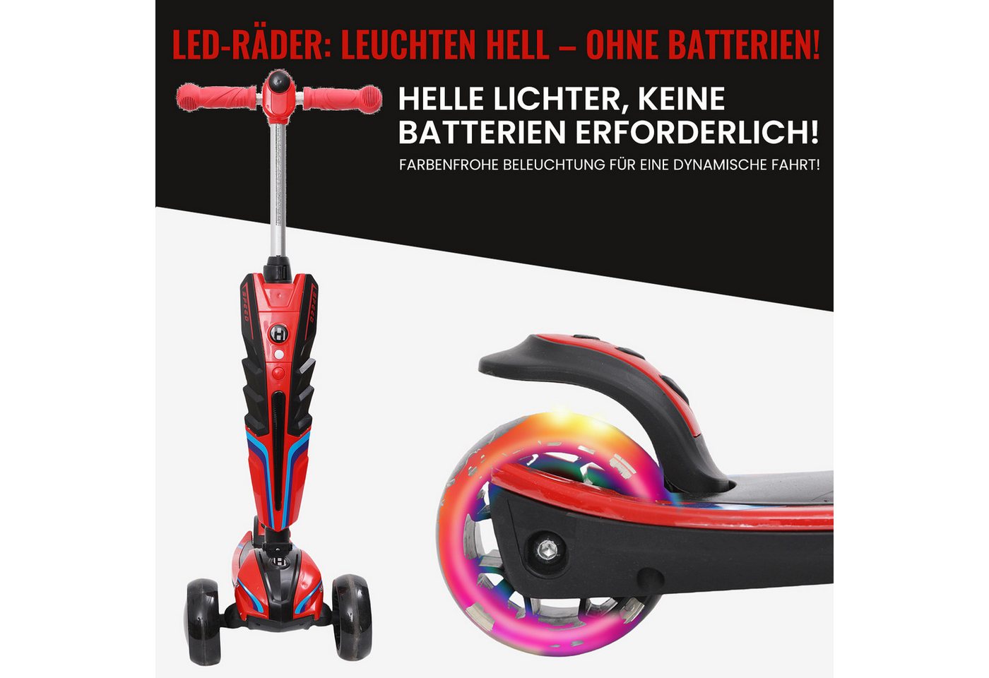 Habib Gruppe Dreiradscooter Kinderroller 3-10 Jahre Lenker höhenverstellbar bis 95 cm LED klappbar, Lenker bis 95 cm, LED-Räder, klappbar, bis 50 kg