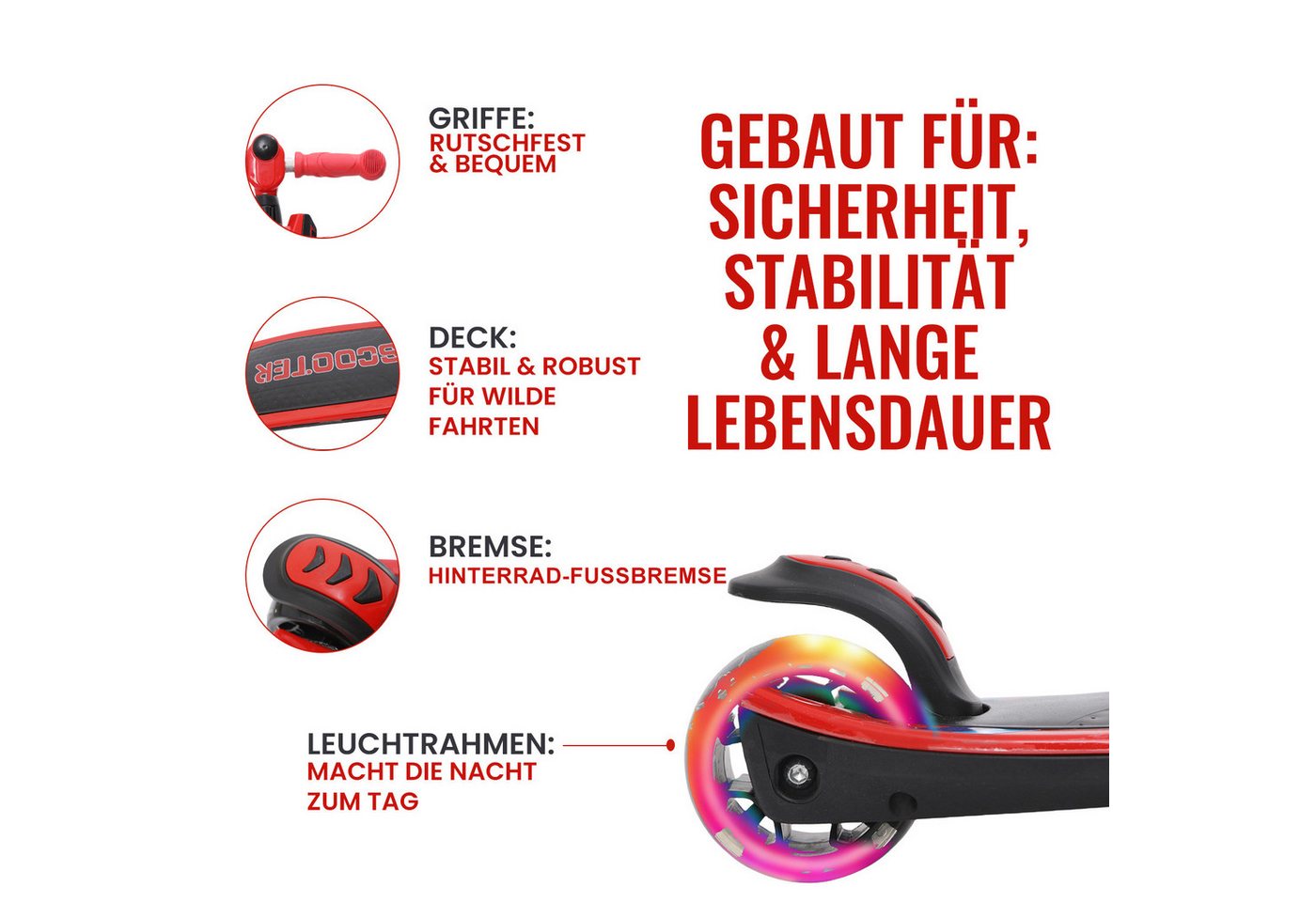Habib Gruppe Dreiradscooter Kinderroller 3-10 Jahre Lenker höhenverstellbar bis 95 cm LED klappbar, Lenker bis 95 cm, LED-Räder, klappbar, bis 50 kg Bild 3