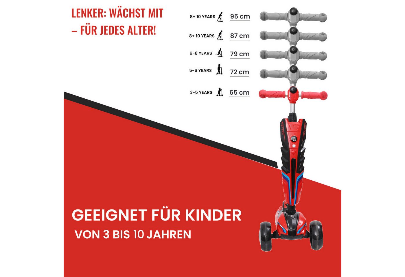 Habib Gruppe Dreiradscooter Kinderroller 3-10 Jahre Lenker höhenverstellbar bis 95 cm LED klappbar, Lenker bis 95 cm, LED-Räder, klappbar, bis 50 kg Bild 5
