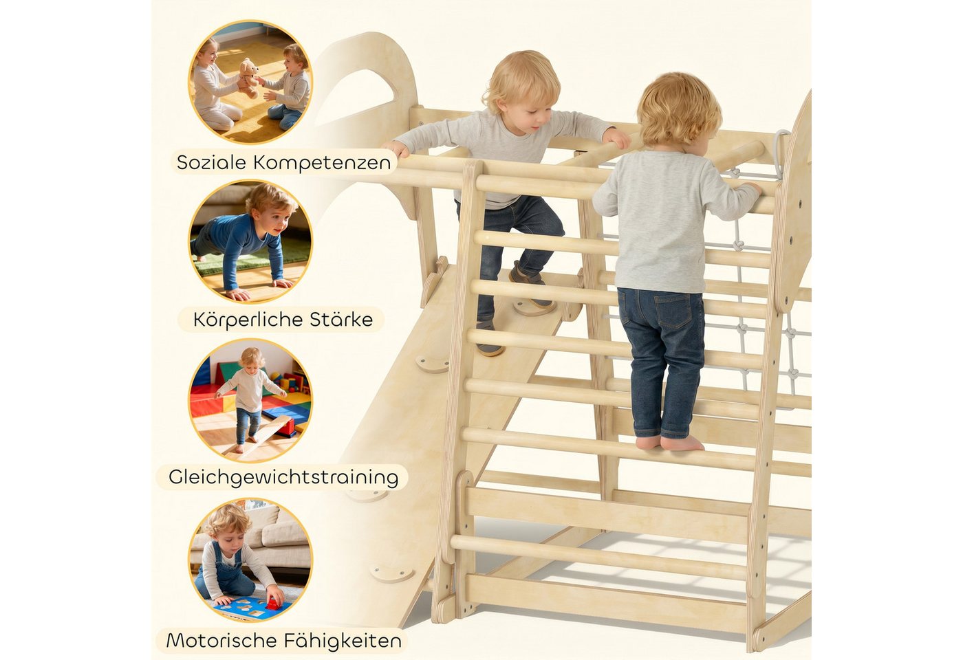 AIYAPLAY Klettergerüst mit Rutsche, Kletterstangen, Turnringen, Leiter, Kletternetz, (6-in-1 Montessori Indoor Spielplatz, 1-St., Holz Kletterturm), für Kinder von 3-6 Jahre, Naturholz