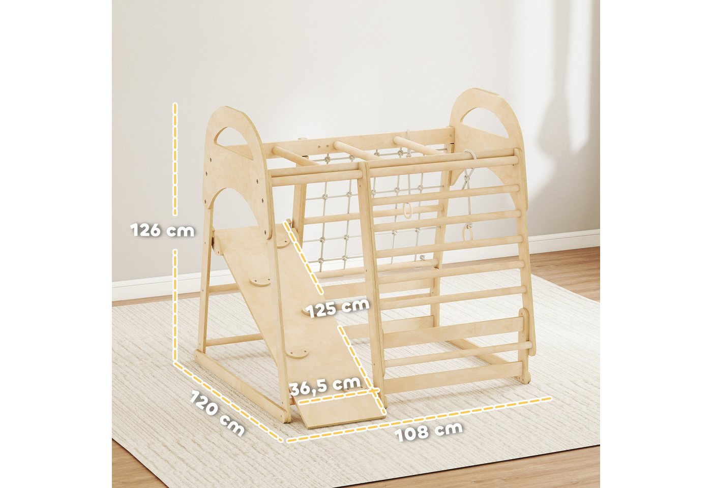 AIYAPLAY Klettergerüst mit Rutsche, Kletterstangen, Turnringen, Leiter, Kletternetz, (6-in-1 Montessori Indoor Spielplatz, 1-St., Holz Kletterturm), für Kinder von 3-6 Jahre, Naturholz Bild 2